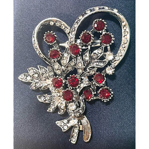 NWOT Silver Tone Red Glass Rhinestone Flower Brooch Pin Floral Costume Jewelry